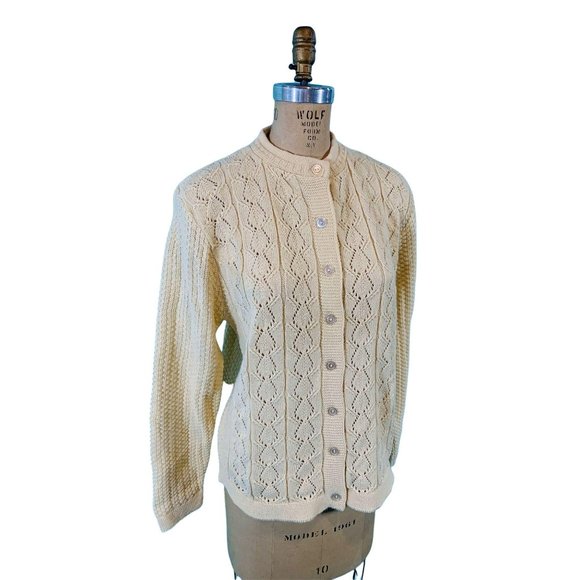 Vintage 90s Cream Cardigan Womens Size Large Haband Knit Sweater - Picture 6 of 10